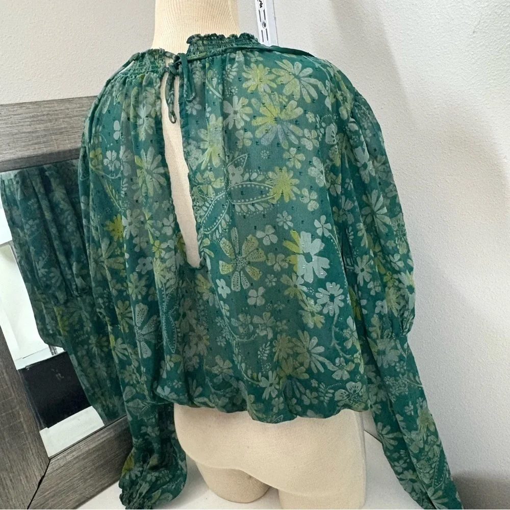 Free People Green Puff Sleeve Ruffled Blouse